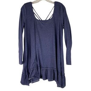 Impressions Blue Tunic Ruffle Hem Strappy Open Back Linen Blend Long Sleeve L